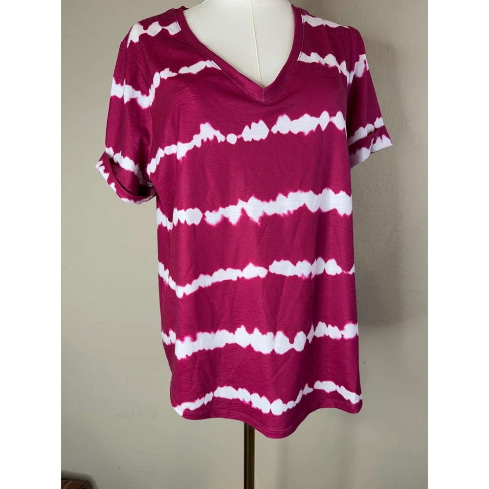 Chico's Pink White Tie Dye Stripe V-Neck Short Sleeve Top Size 1 M